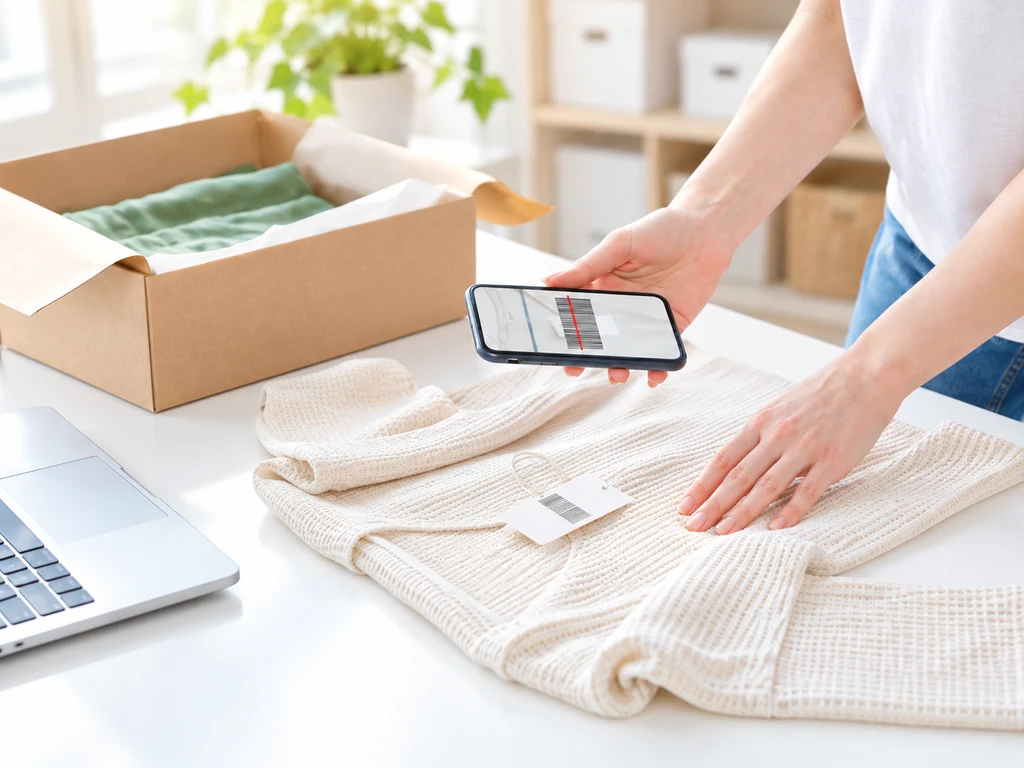 スマートフォンで確認しながら衣類を梱包する作業