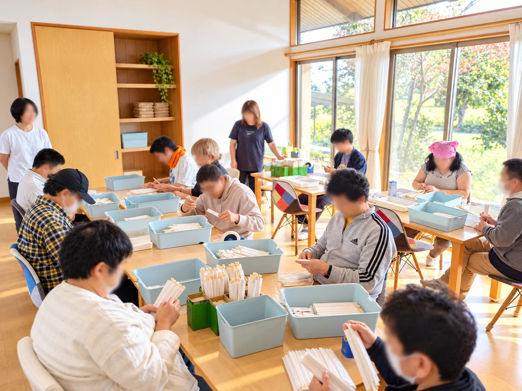 神明内Officeで箸袋を作る作業の様子